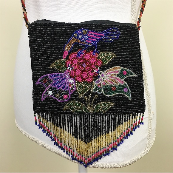 Handbags - Hummingbird and Rose Beaded Purse w Beaded Fringe